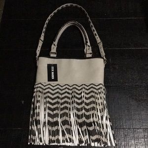 Beige and Black Steve Madden Fringe Tote Bag